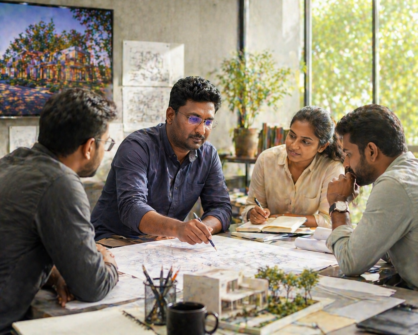 Design Intend team reviewing architectural plans — interior designers and architects in Hosur