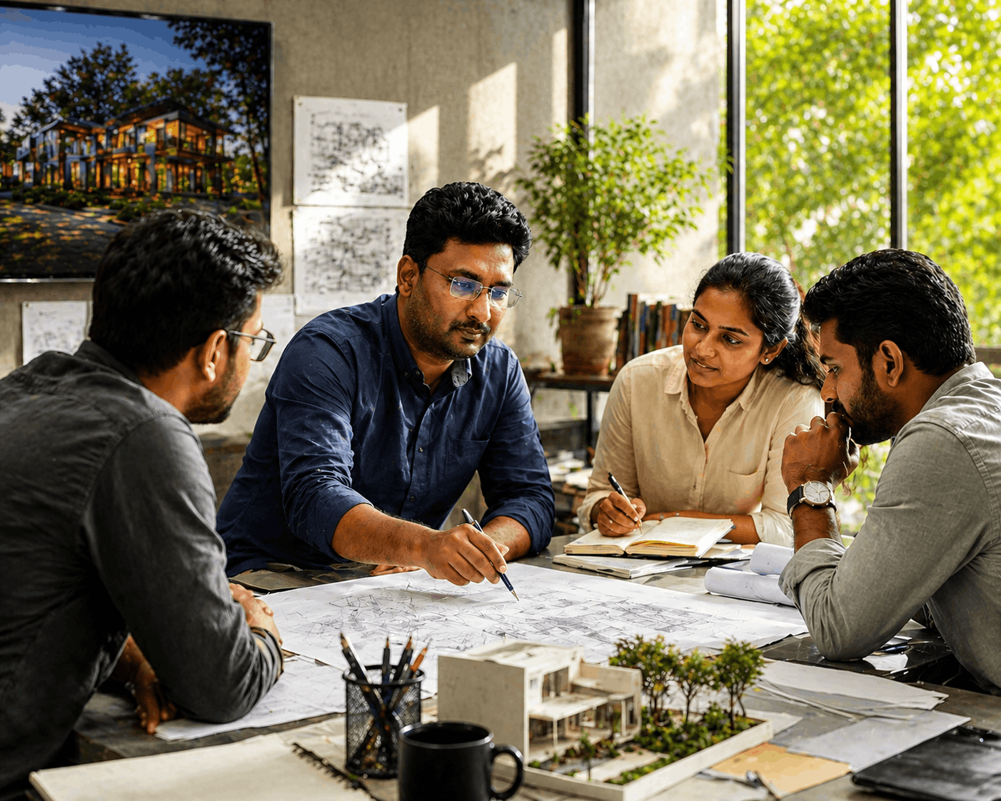 Design Intend team reviewing architectural plans — Hosur