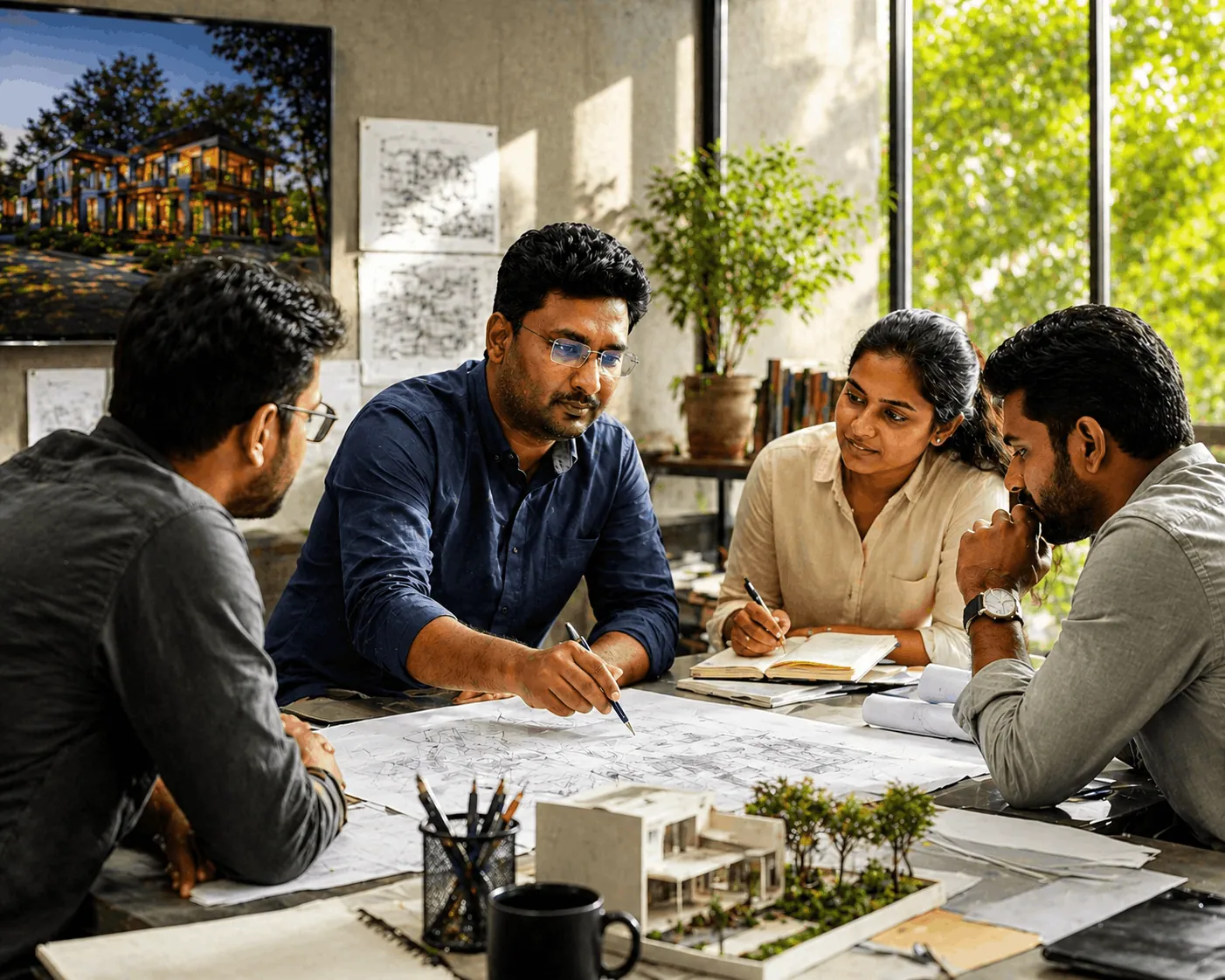 Design Intend team reviewing architectural plans — Hosur