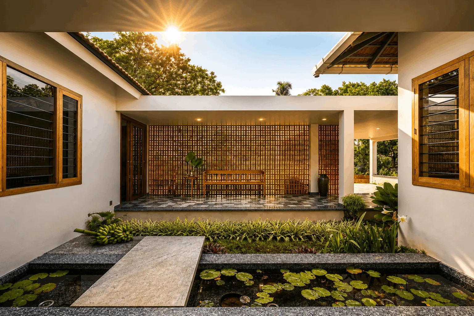 Kishore Farmhouse central courtyard with lily pond — water court view