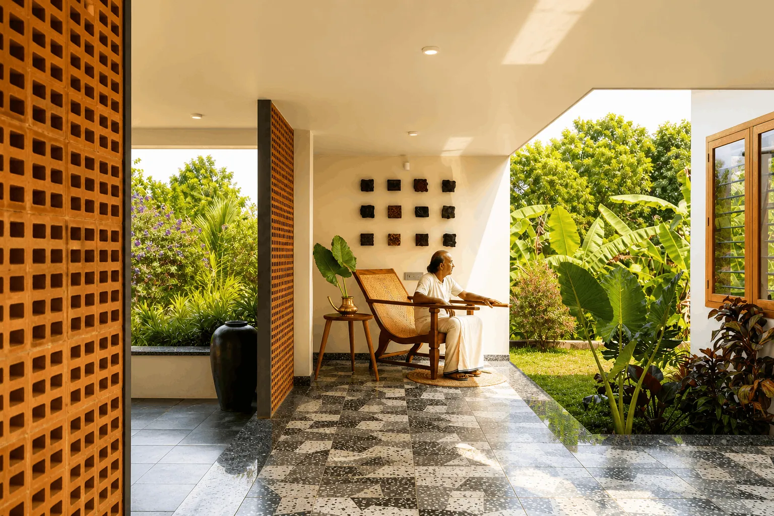 Kishore Farmhouse interior detail — teak joinery and terracotta floor