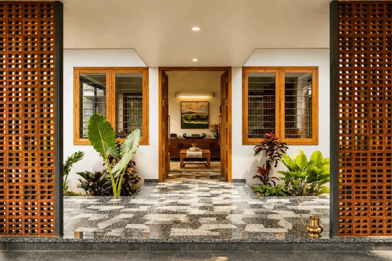 Kishore Farmhouse entrance — teak doors and lime-washed walls