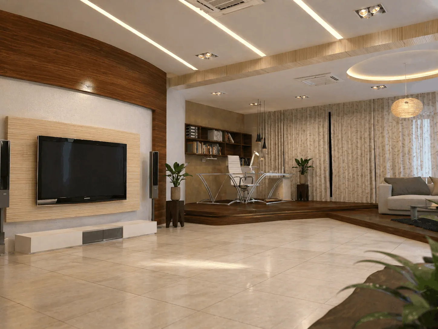Vinutha Residence living room — open plan with stone floors and timber joinery